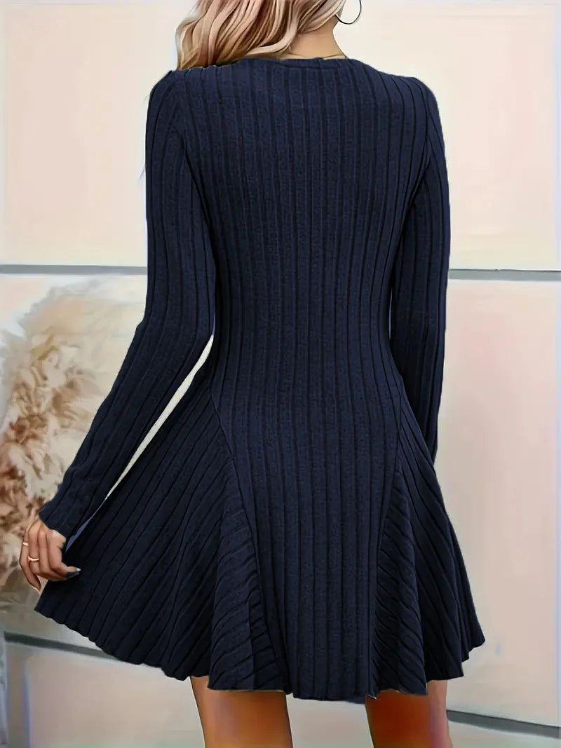 Women's V-Neck Knit Dress - Long Sleeve Swing Mini Dress, Elegant Bodycon Short Dress