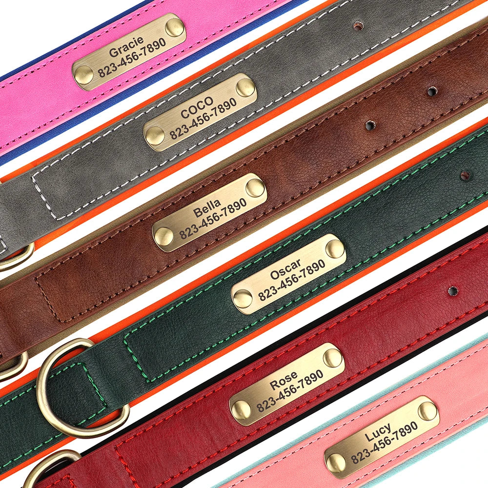 Free Custom Dog Collar Soft Padded Dogs Collars Personalized PU Leather Pet Necklace Adjustable for Small Medium Large Dogs Pug