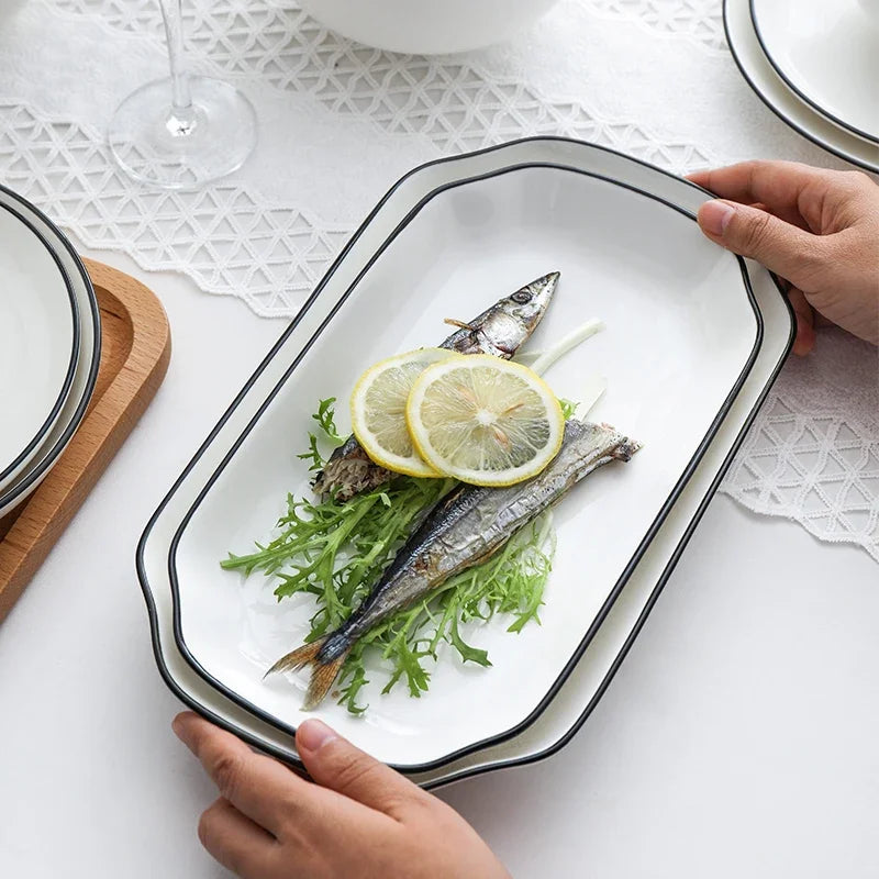 White With Black Dinner Plate Set Ceramic Serving Tray Food Dishes Rice Salad Noodles Bowl Soup Kitchen Dinnerware