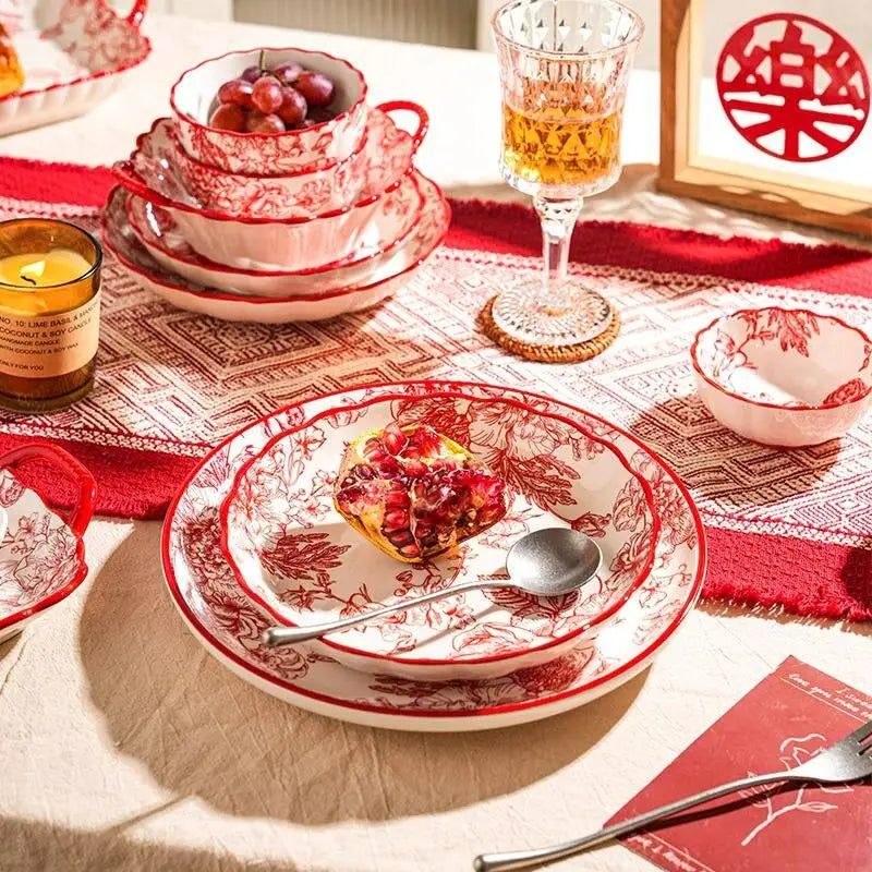 Modern Red Dinner Set Plates Luxury Designer Italian Round Plates Dinner Sets Ceramic Elegant Aparelho De Jantar Kitchen Dishes