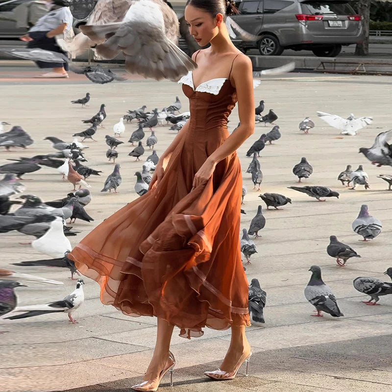 Elegant Pleated Women's Dress Sleeveless Backless Patchwork Waist-Closed Ruffle Hem Sling Maxi Dresses 2026 Summer Female Robe