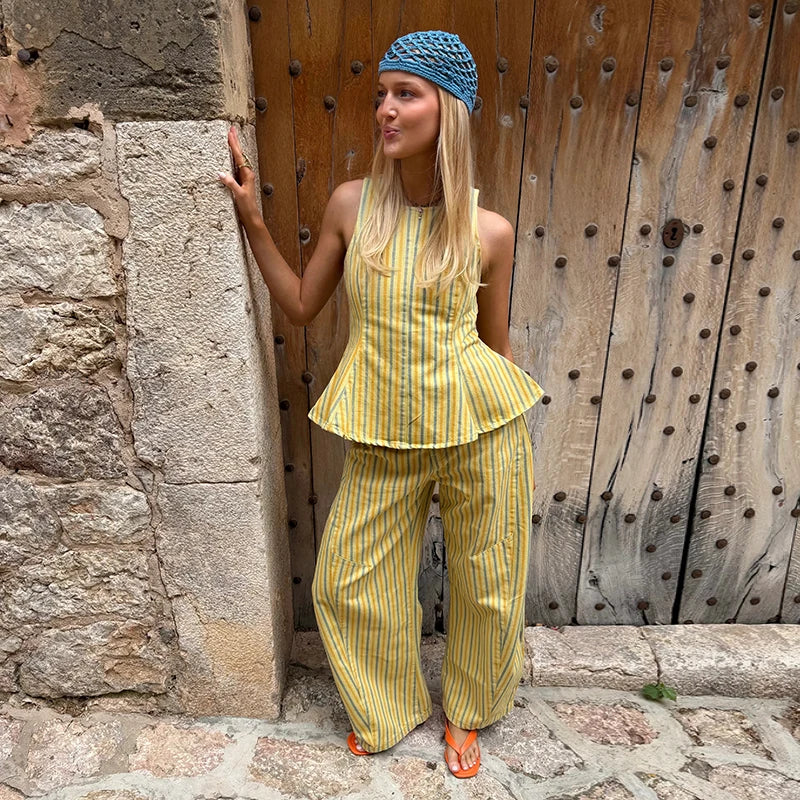 Casual Striped Pleated Vest Pants Women's Set Elegant Sleeveless O-neck Top Wide Leg Trousers 2026 Summer Vacation Lady Outfit