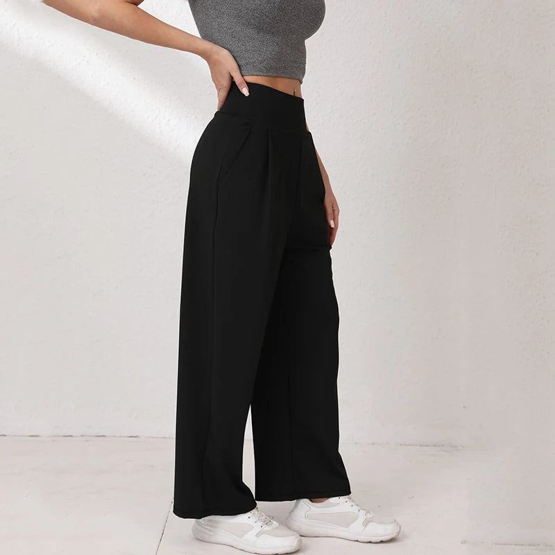 Women's High Waisted Sports Pants with Side Pockets Solid Color Wide Leg Yoga Pants Woman Body Hugging Straight Leg Trousers