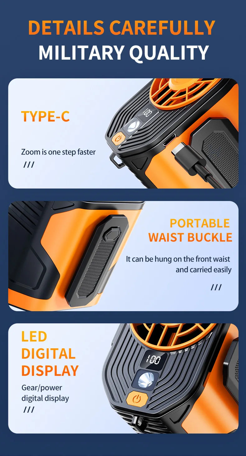 Wearable Waist-hanging Fan Portable Waist-clip Outdoor Construction Site Night Light Fan to Cool Down USB Mini Neck-hanging Fan
