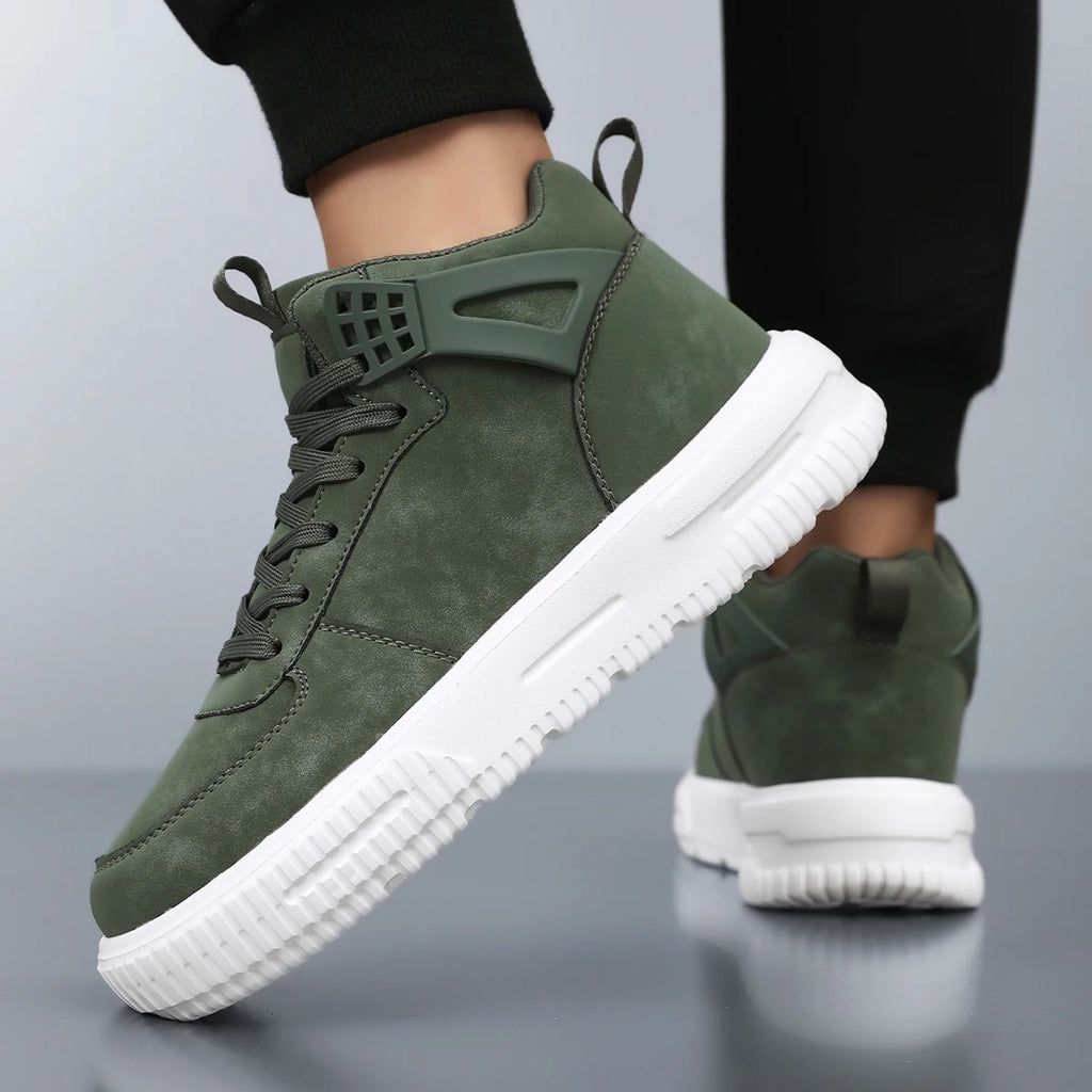 Men's Green High Top Sneakers Casual Leather Skate Shoes Lace-up Platform Streetwear Ankle Boots