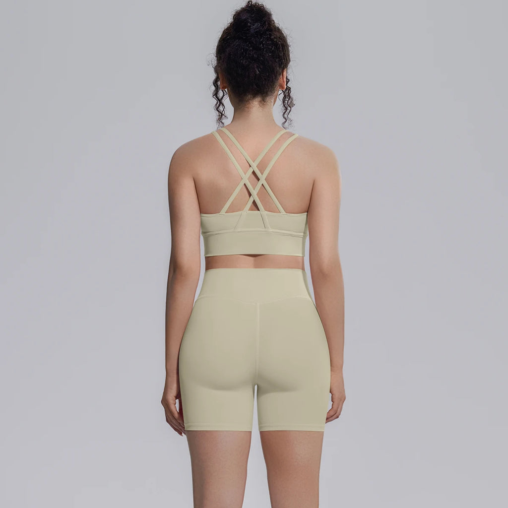 2PCS/set Yoga Set Summer Breathable Running Cycling Backless Sports Bra High Waist Peach Buttocks Fitness Shorts Gym Yoga Set