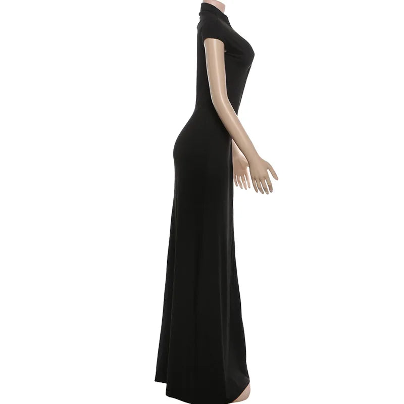 Chic Black Hollow Out A-line Maxi Dress Women Fashion High Neck Short Sleeve Slim High Split Dresses Sexy Evening Party Gowns