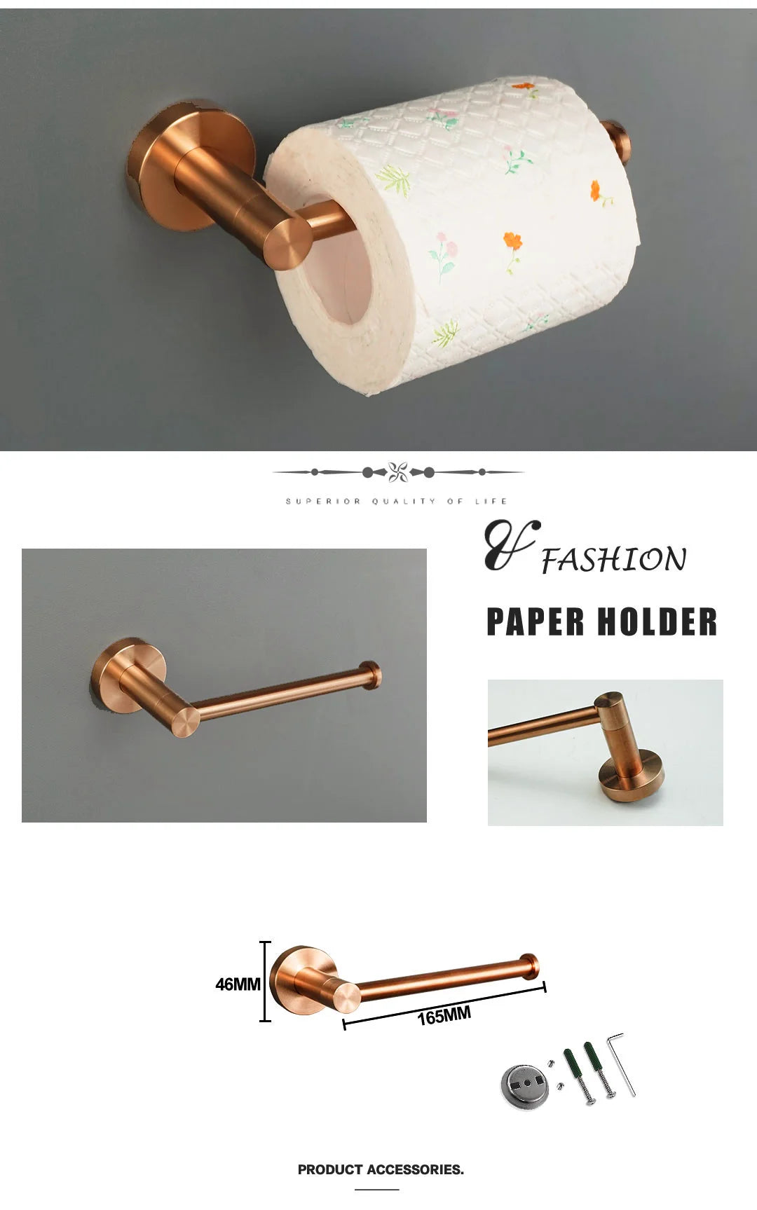 High-quality Brushed Rose Gold 304Stainless Steel Beautiful Wall Hook Toilet Paper Holder Towel Bar Bathroom Accessories