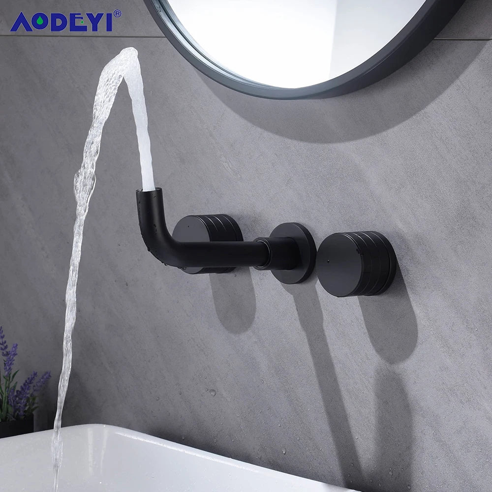 Black Bathroom Faucet Brass Double Lever Wall Mounted Sink Faucets Hot Cold Water Polished Taps Basin Mixer Brushed Gold Tap Set