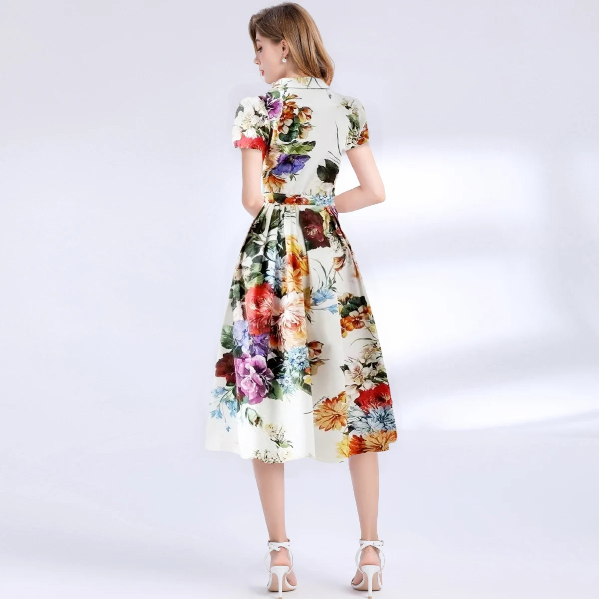 Summer Runway Holiday Flower Shirt Dress Women's Notched V-Neck Short Sleeve Single Breasted A-Line Pleated Midi Vestidos