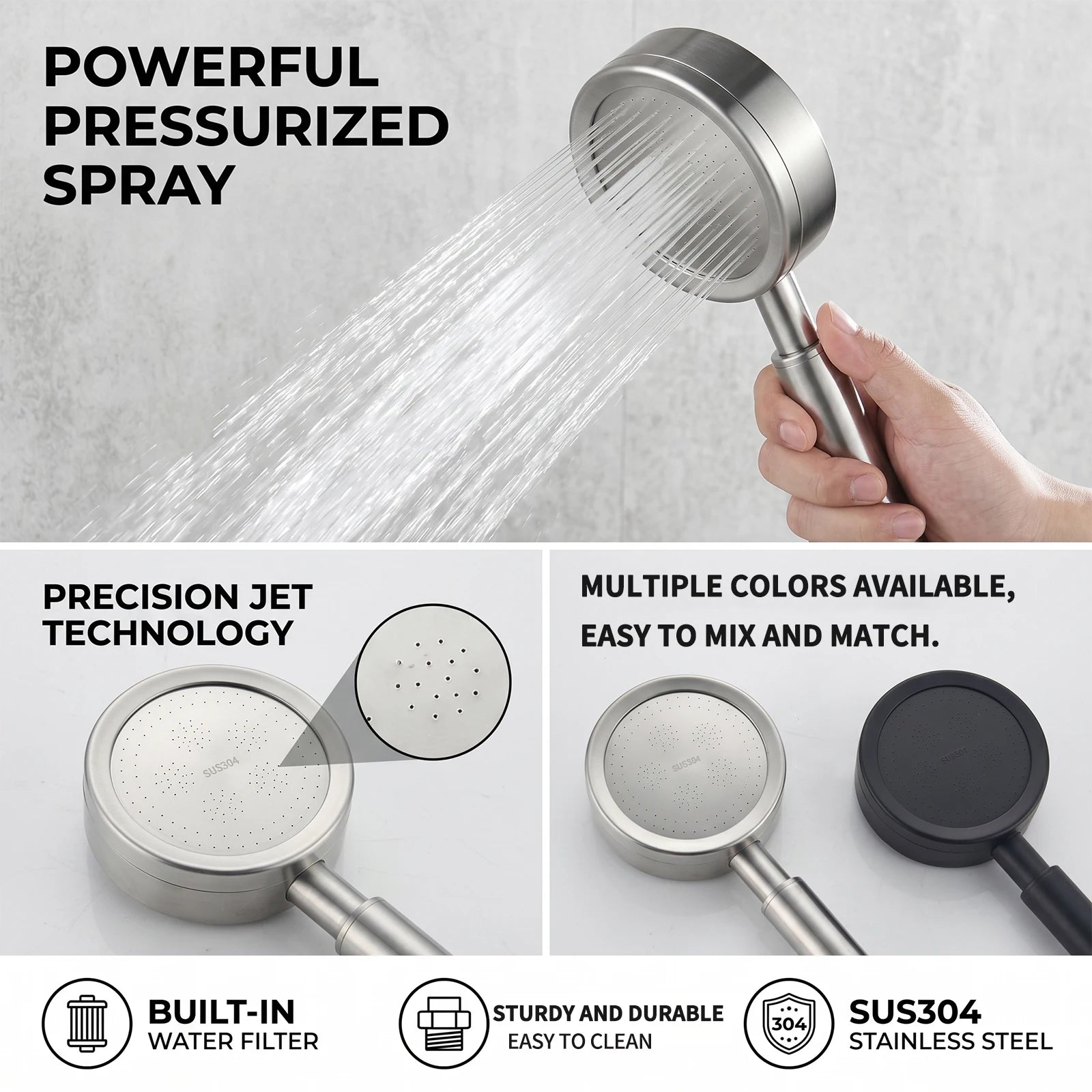 304 Stainless Steel Handheld Shower Head – High Pressure Spray, Universal 1/2” Connector, Bathroom Sprayer for Home Use