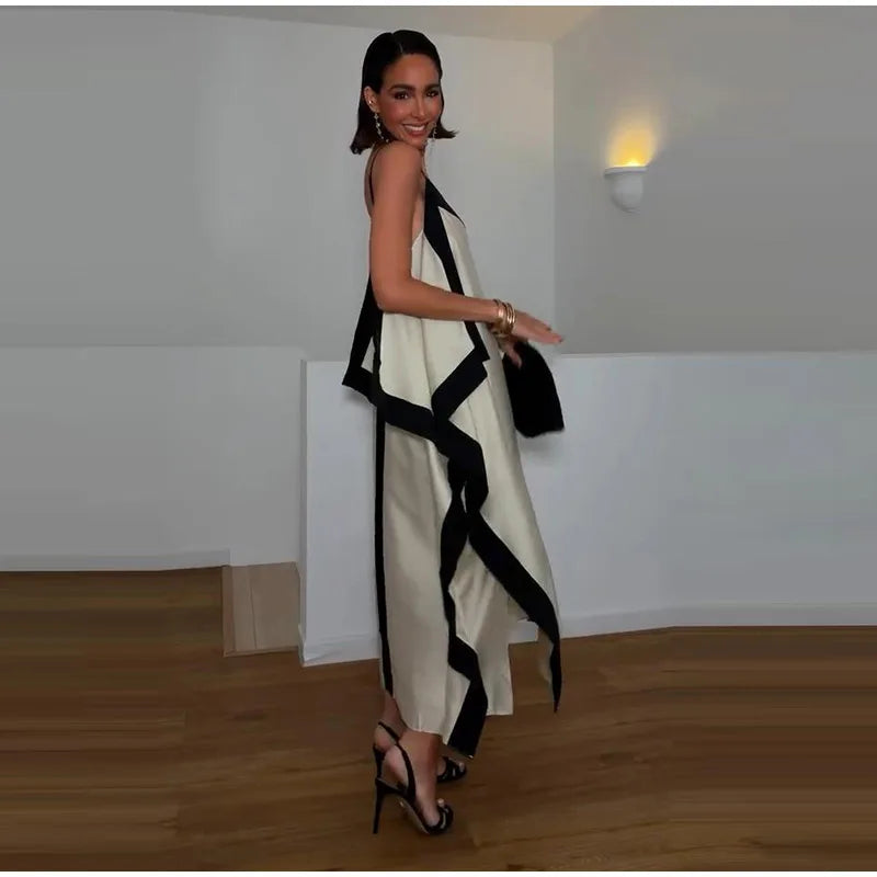 Contrast Black Trim Satin Cami Maxi Dress Deep V Neck Loose Flowy Ruffle Hem Lady Long Gown 2026 Summer Formal Vacation Dresses