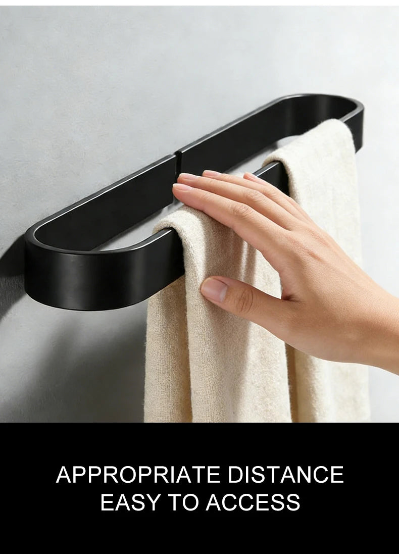 Self-adhesive Black Bath Towel Holder Bathroom Towel Rack No Punch Towel Rail Rack Towel Holder Bath Storage Shelf ML65B