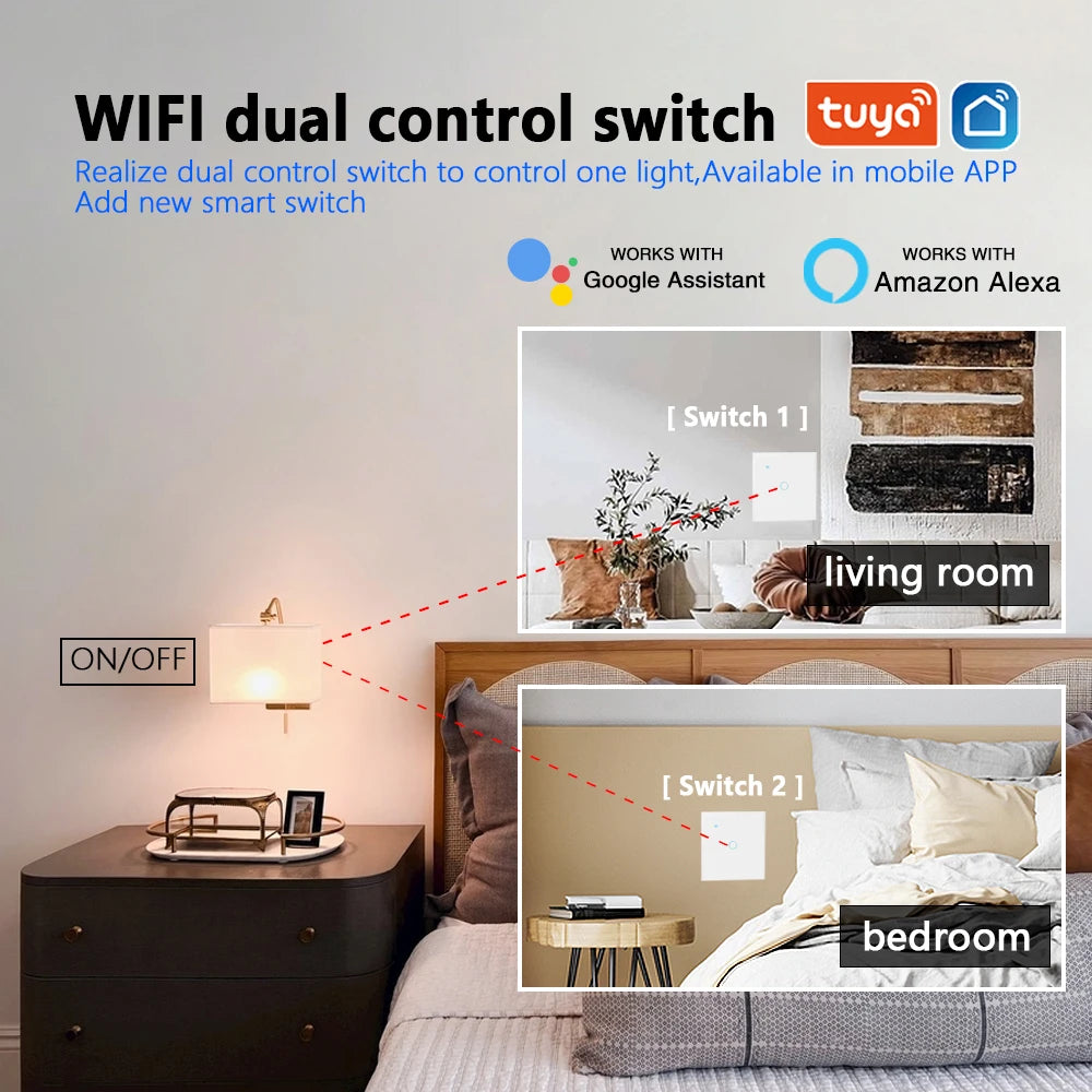 Wifi Smart  2way Switch 1gang 2gang 3gang Two Way Wall Touch Switch Voice and Smart Life TUYA APP Control For Stairs Corridors