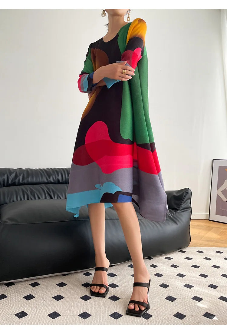 Miyake Pleated Print Dress 2024 New Early Spring Fashion Elegant A-line Swing Dress Elegant Women's Clothing High-quality