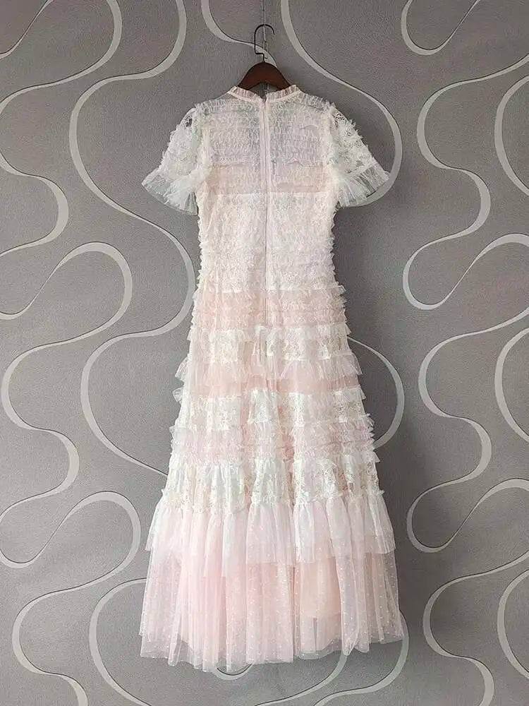 Eshin Elegant Midi Dress Short Sleeve Summer Spring New Fashion Design Women Runway Mesh Ruffles V-Neck Party High Street TH6731