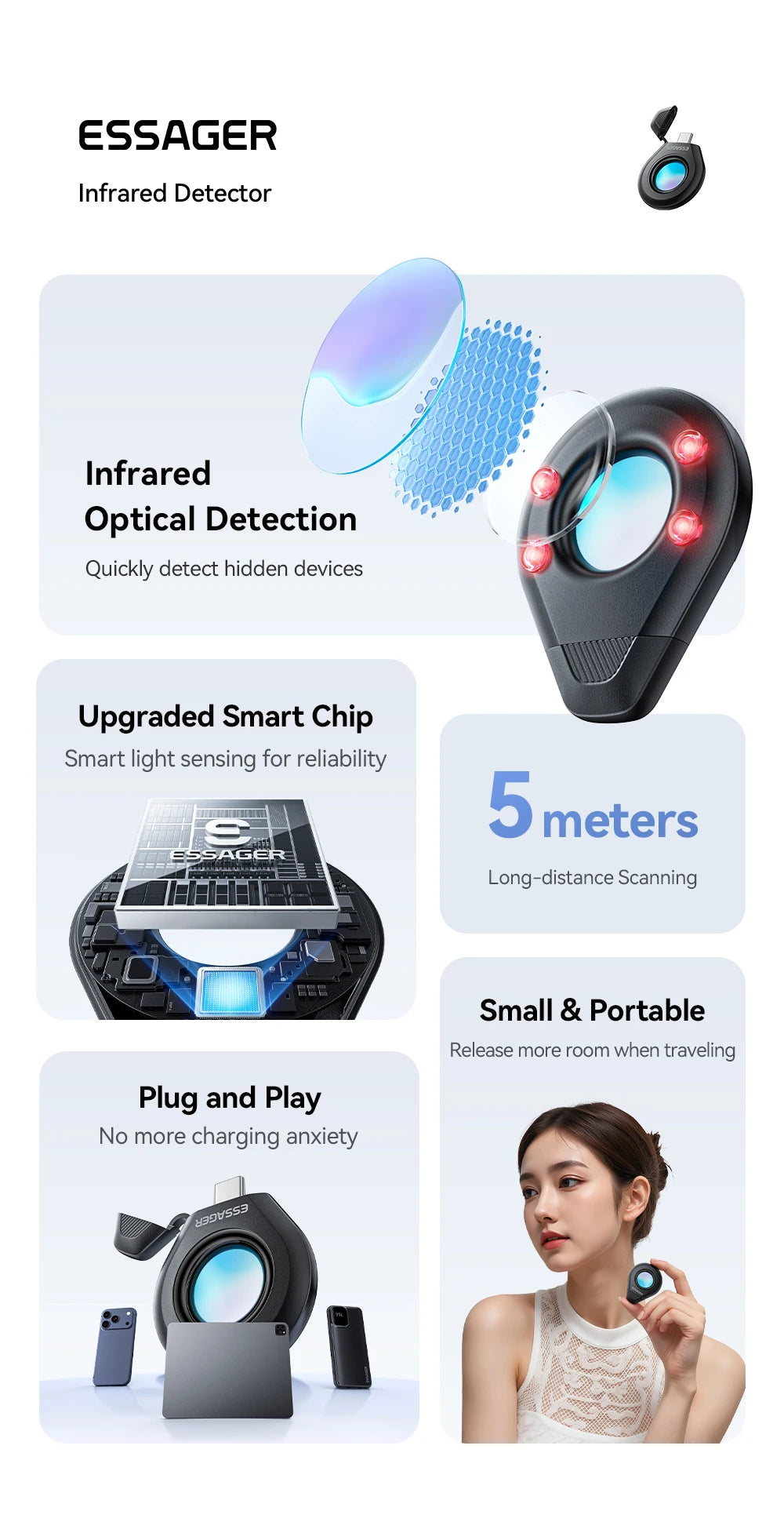 Essager Camera Infrared Detector Safe&Anti-Peeping Protection Detector Hotel Pinhole Lens Detect Security Alarm Anti Spy Candid