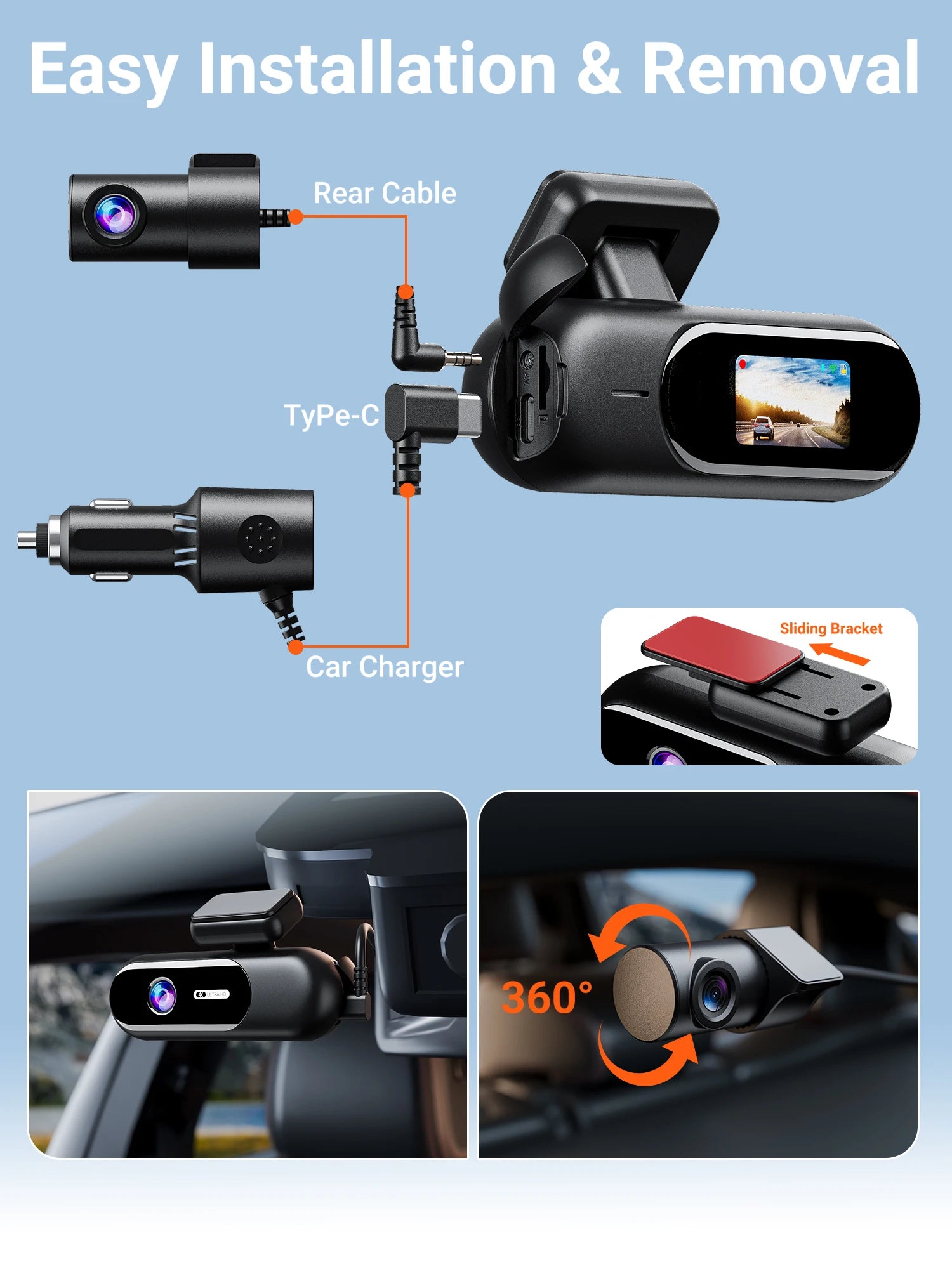 Dash Cam for Cars 4K UHD Recording Front Rear Car Camera HDR Night Vision Recorder Built in Wi-Fi 24H Parking Mode APP Monitor