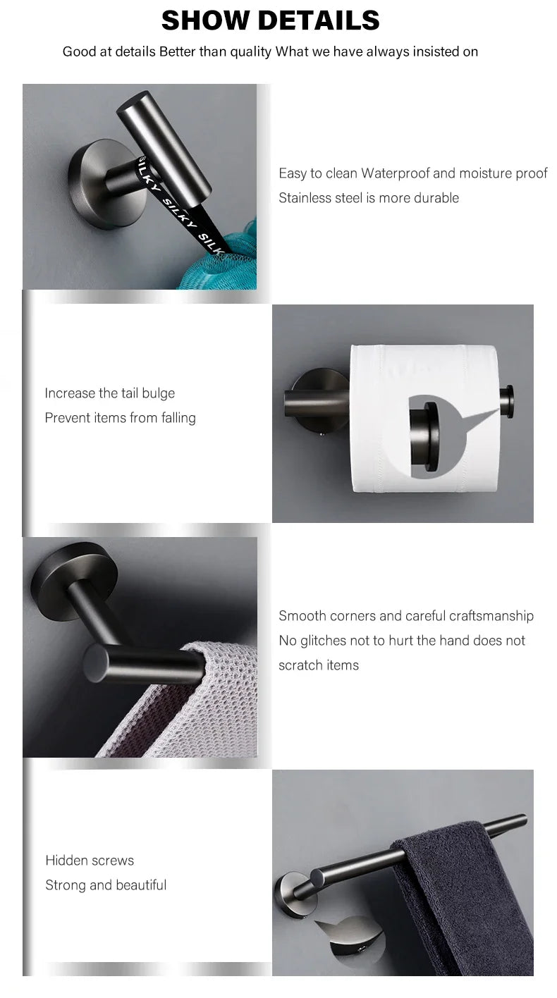 Bagnolux Stainless Steel Gun Gray Black Polished Chrome Brushed Gold Hanger Hook Towel Bar Paper Holder STURDY HANDS