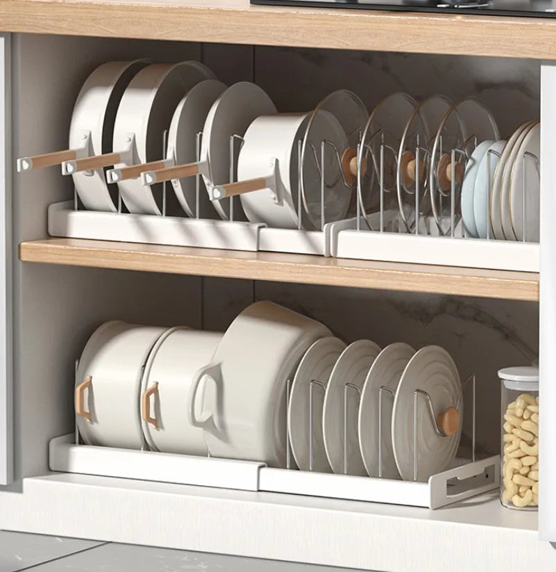 Expandable Kitchen Cabinet Pot Organizer - Adjustable Divider Rack, Multi-Use Storage Solution for Pots, Pans and Lids