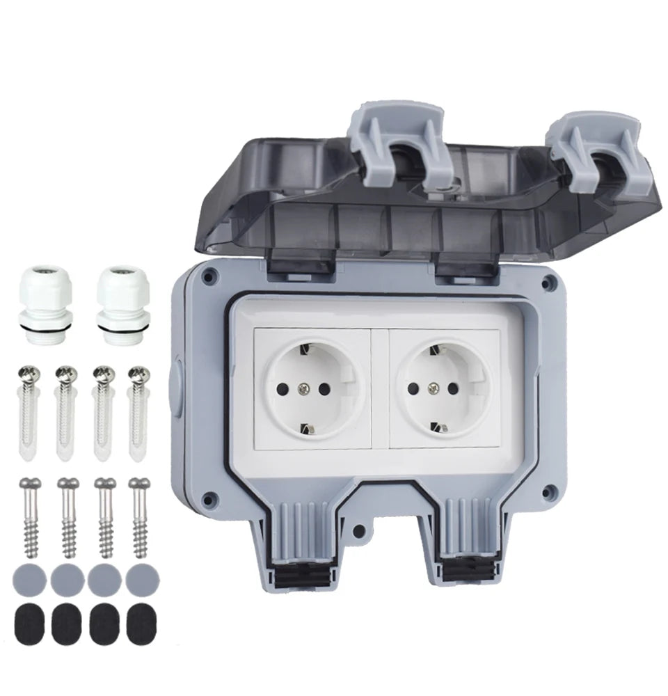 Double EU Socket Power Supply Switch Socket 16A Outdoor Wall Power Socket With USB Charging for Home& Garden IP66 Weatherproof