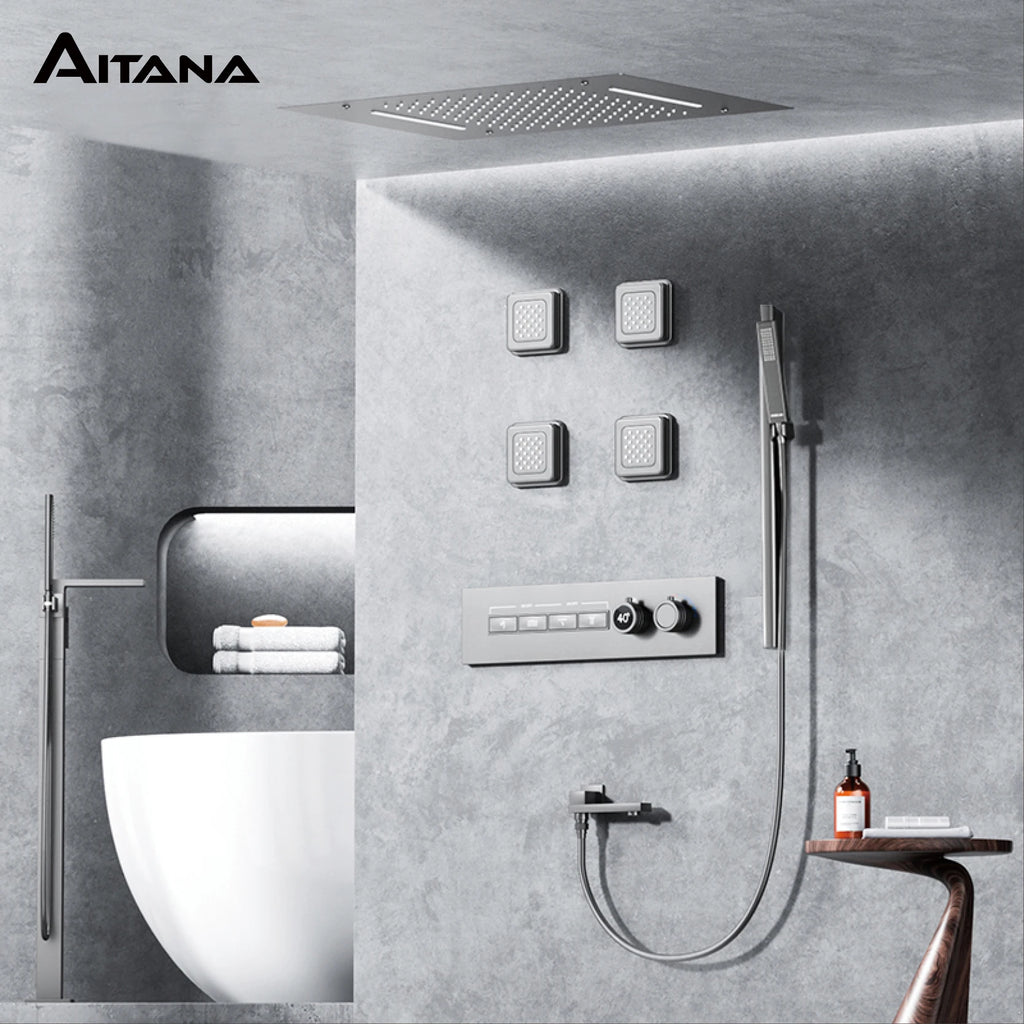 Luxury Gun Grey Brass Thermostatic Shower System Ceiling-Embedded Rainfall&Waterfall Outlet with LED Display Bathroom Mixer Tap