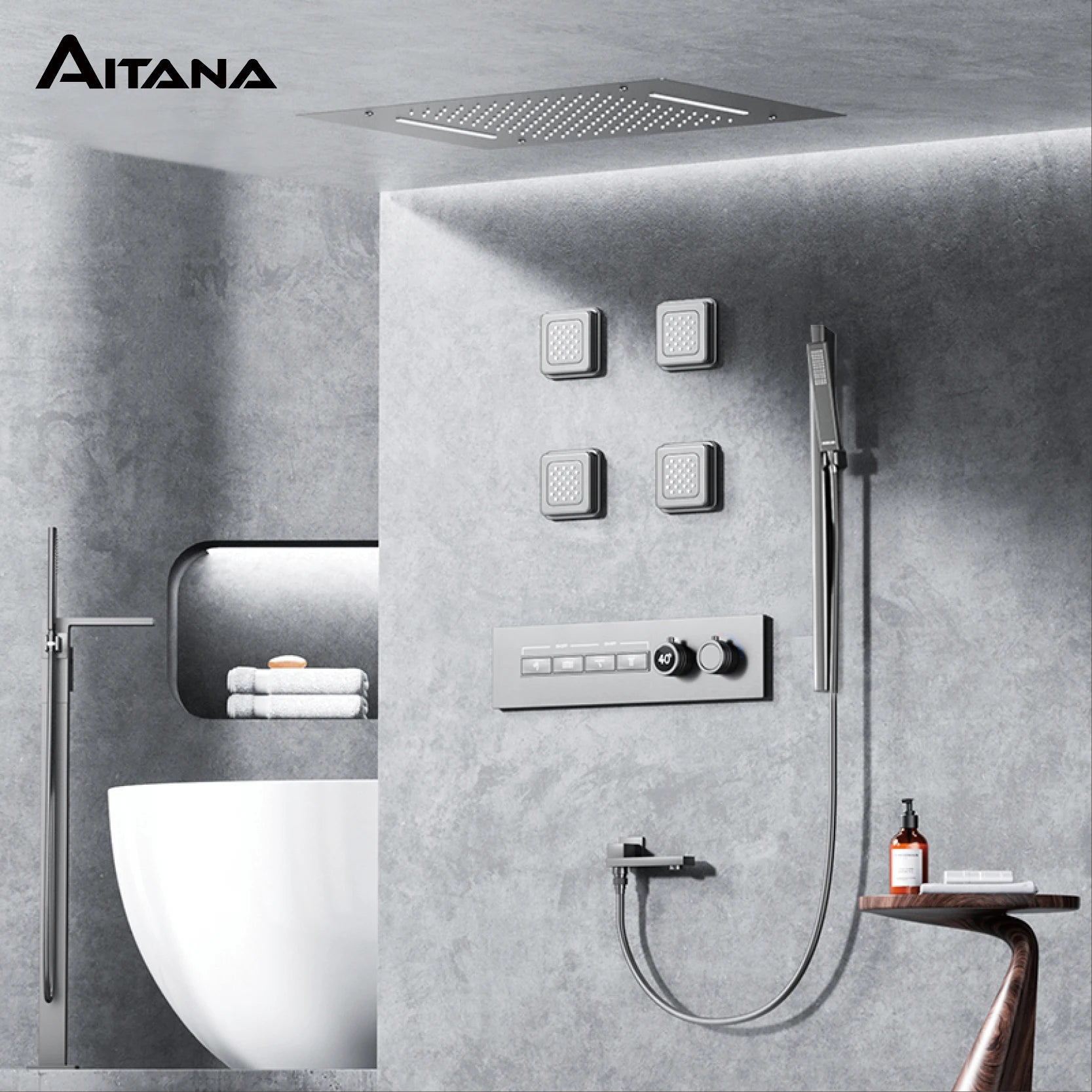 Luxury Gun Grey Brass Thermostatic Shower System Ceiling-Embedded Rainfall&Waterfall Outlet with LED Display Bathroom Mixer Tap