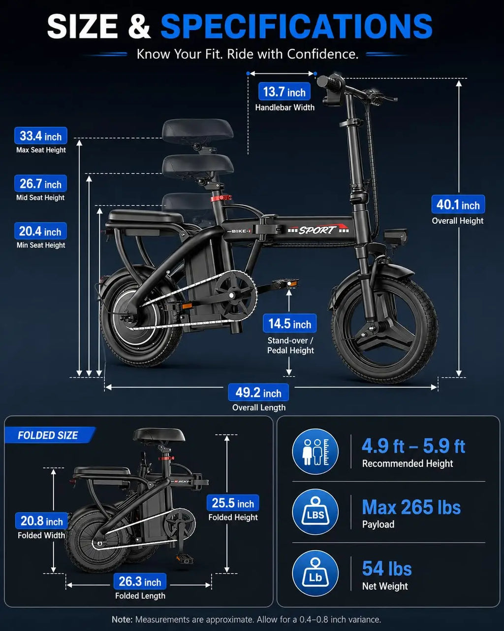 1200W Peak Motor Foldable Electric Bike, 25 MPH 45 Miles Dual Suspension 14" Tires 3 Speed Modes Commuter Ebike Adults , Custom