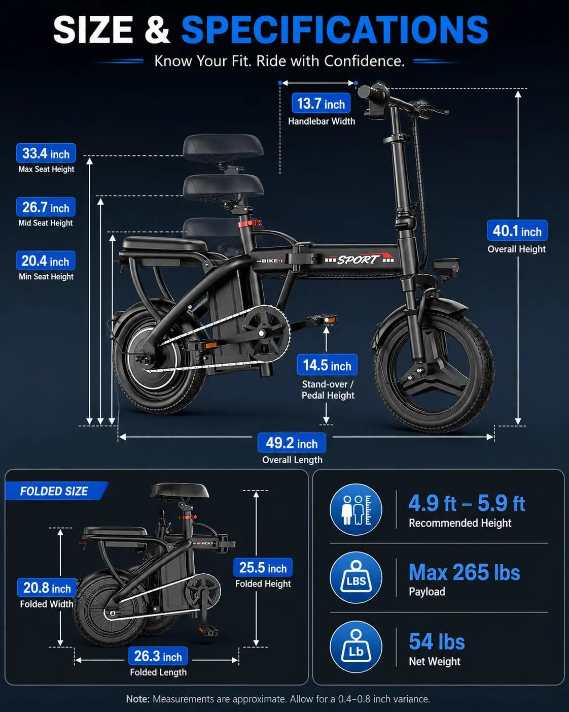 1200W Peak Motor Foldable Electric Bike, 25 MPH 45 Miles Dual Suspension 14" Tires 3 Speed Modes Commuter Ebike Adults , Custom
