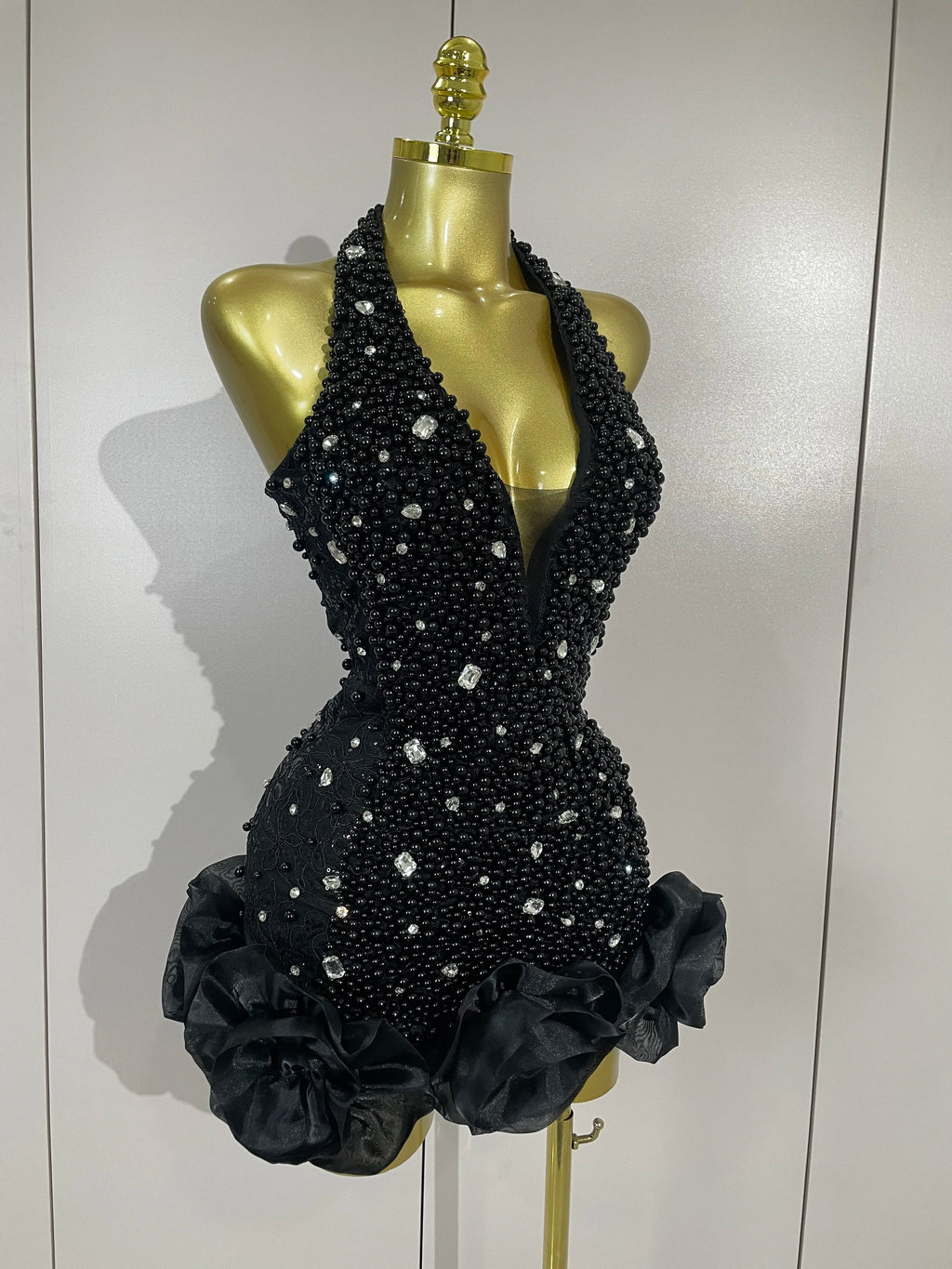 High Quality Luxury Shiny Diamonds Pearl Flowers Deep V Halter Short Dress Women Celebrate Eveing Celebrity Birthday Party Dress