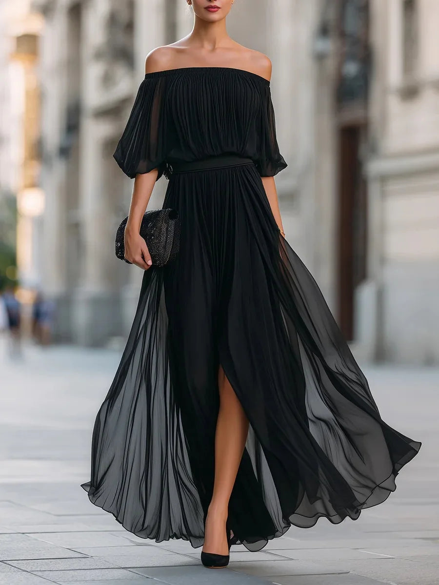 Elegant Women's Long Dress Off-the-shoulder Chiffon Evening Dress Sexy Ruched Slit Flowing Skirt Fashionable Party Holiday Dress