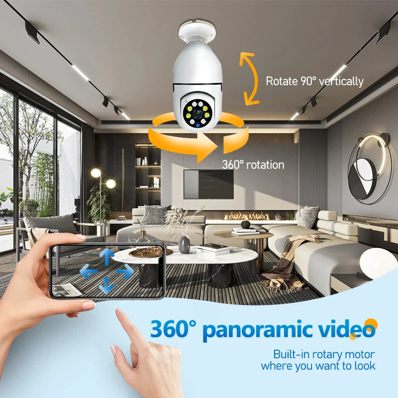 WiFi Security Camera E27 Bulb 8MP Wireless Baby Monitor AI Tracking Video Surveillance Pet Cameras Color Night Vision Indoor Cam