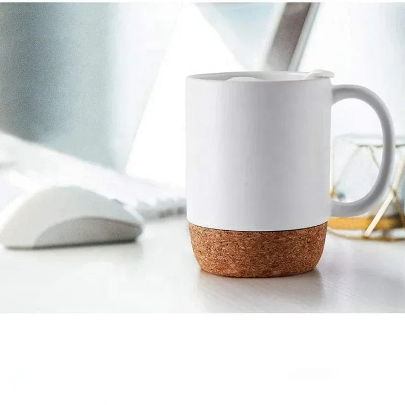 Simplicity Ceramic Cork Bottom Coffee Mug with Lid Splash Proof Heat-resistant Matte Plain White Black Cork Base Bottom Tea Cup