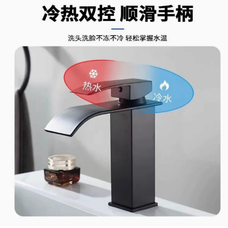 Modern Black Stainless Steel High-Low Spout Waterfall Faucet, Hot Cold Mixer Tap for Home Bathroom Vanity Sink, Premium Wash Bas