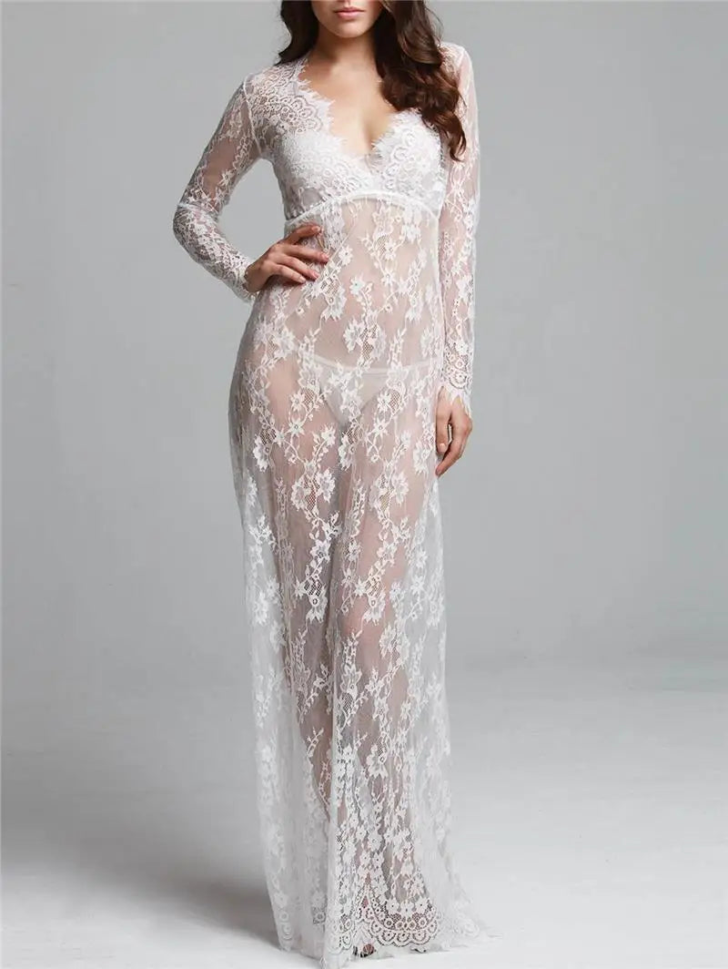 Fashionable Sexy Deep Collar Long Sleeve Lace See-through Bodycon Gown Trendy Women's Dress Elegant Draped Evening Dress