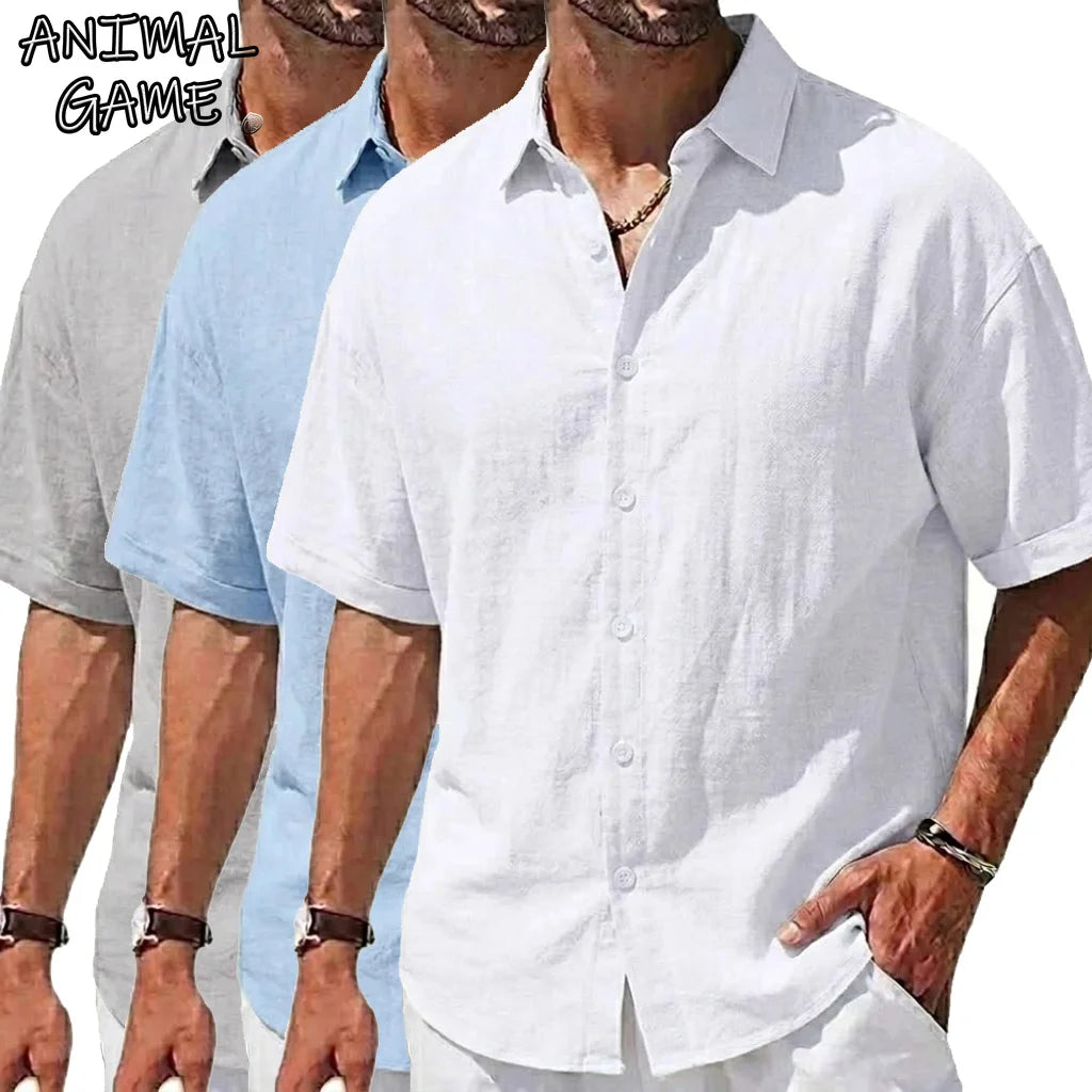 Summer Short Sleeve Shirts Men's Casual Linen T-shirts Men Cotton Lapel Shirts Male Beach Hawaiian Shirt Man Summer Gym Tshirts