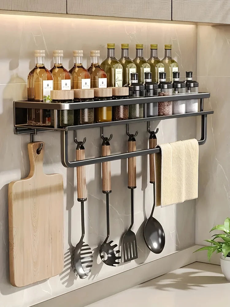 Multifunctional Aluminum Wall-Mounted Shelf Kitchen Spice Storage Rack Kitchen Supplies Storage Hooks Kitchen Accessories
