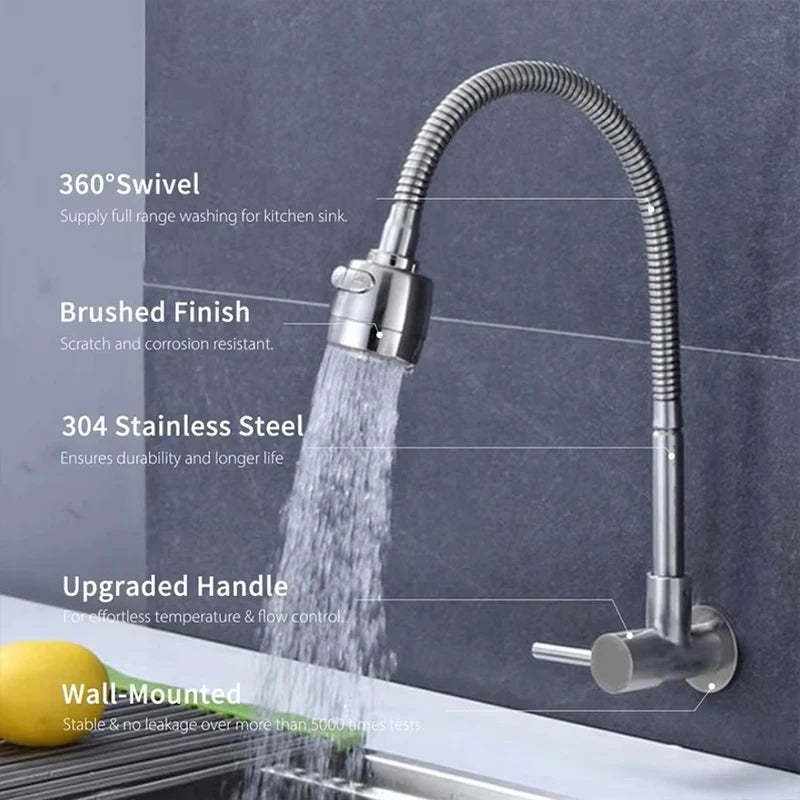 Wall Mounted Stainless Steel Single Cold Water Faucet Universal Rotation for Garden Balcony Washbasin Mop Pool Outdoor Use