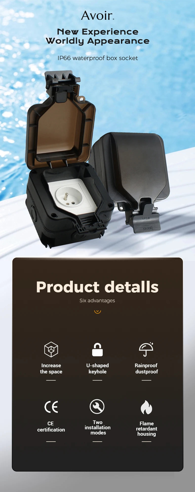 Avoir IP66 Wall Waterproof Socket Single Box Electric Outlet EU French UK Universal Standard Power Plug Outdoor Dustproof Black