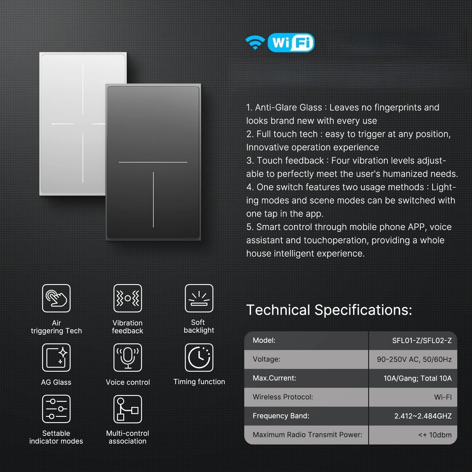 Smart Zigbee Wall Switch with Touch Glass Panel, Scene Mode Switching & APP Remote Control, No Neutral Wire Required