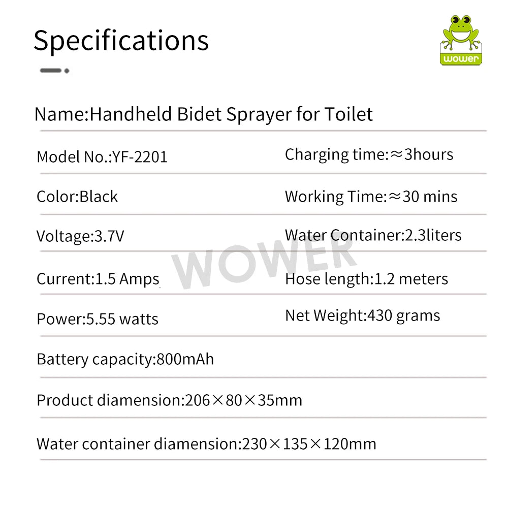 Wower Portable Electric Bidet for Personal Hygiene Cleaning 2.3L Shattaf Rechargeable Travel Camping Bidet Shower Sprayer