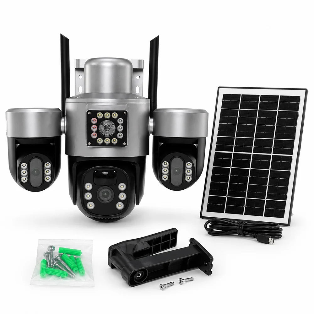 Solar 4G Security Camera 3 Lens 3 Screen Outdoor V380 APP 6MP PTZ PIR Full Color Night Vision IP66 Waterproof Battery Cam System