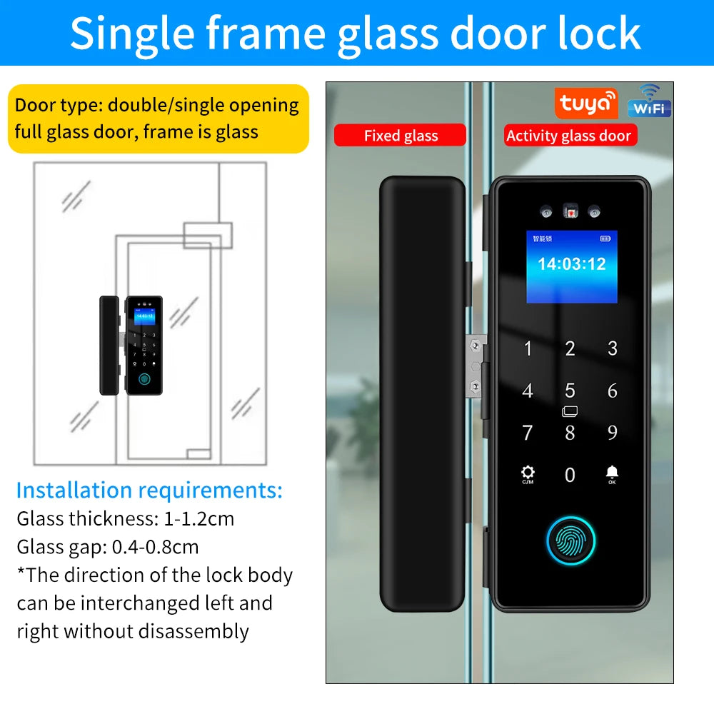3D Face Tuya Wifi Electronic Smart Glass Door Lock With Biometric Fingerprint/RFID Card /Password Unlock/USB Emergency Charge