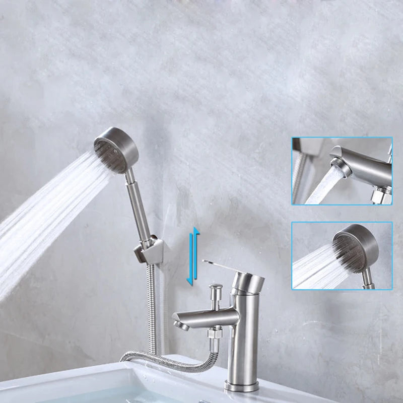 Bathroom Basin Faucet Stainless Steel Single Handle Sink Faucets Cold and Hot Water Mixer Bathtub Tap with Shower Set
