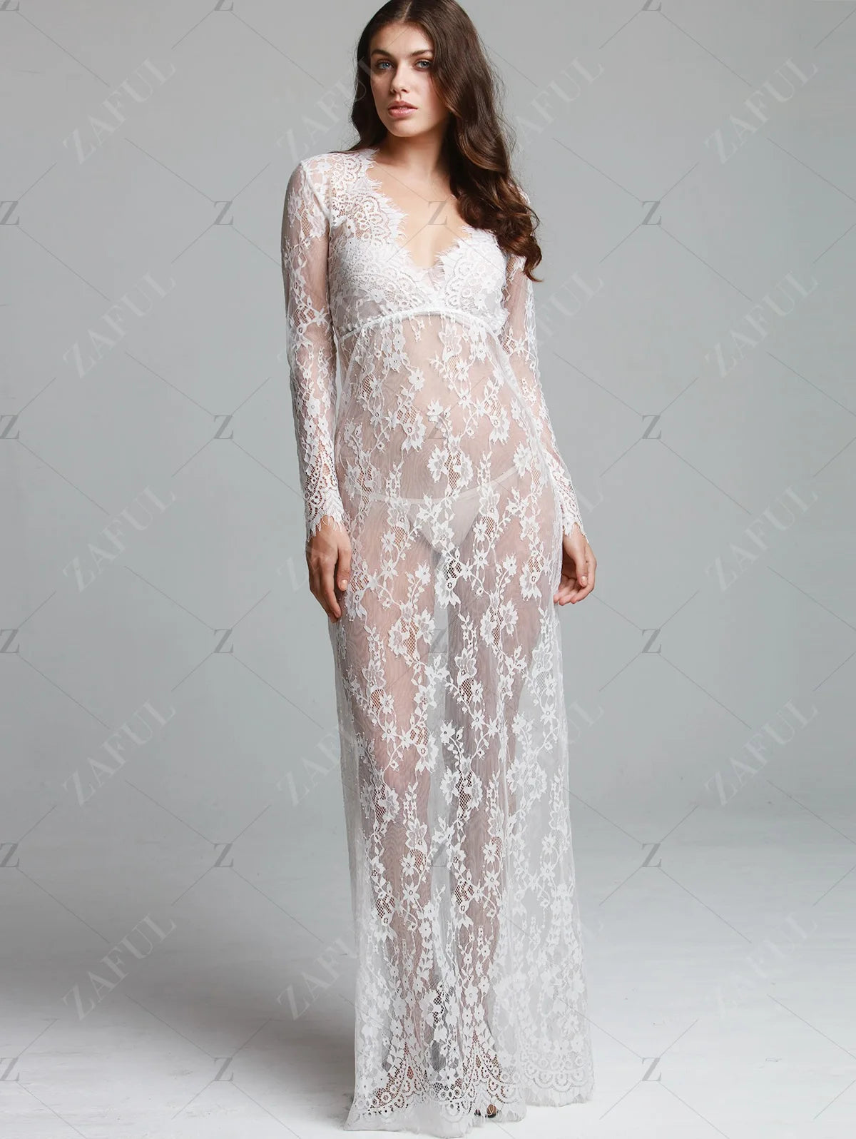 European Style Sexy Deep V Lace Mesh Long Sleeve Bodycon Maxi Dress Trailing Evening Party Dress
