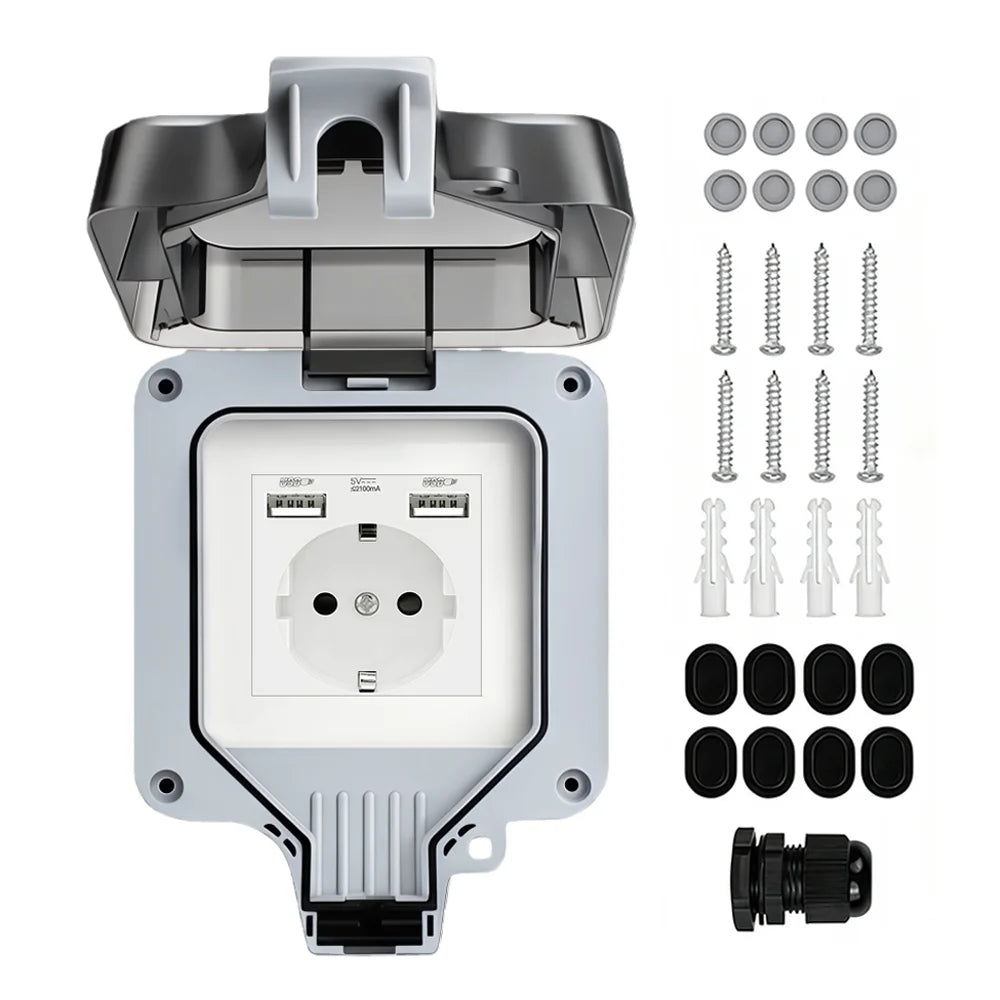 Waterproof Outdoor Socket,Double Power Outlet with Protective Cover ,Dustproof Windproof Socket,Wall-Mounted Garden Power Outlet