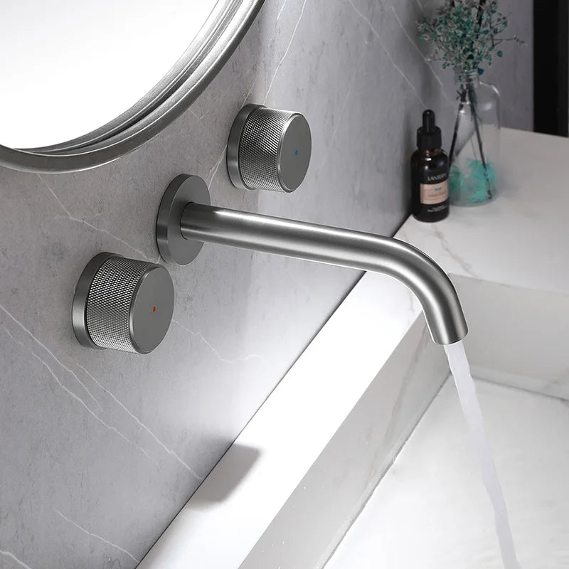 Double Handle Matte Black Wall Mounted Bathroom Faucet Hot & Cold Water Mixer Chrome Basin Faucet