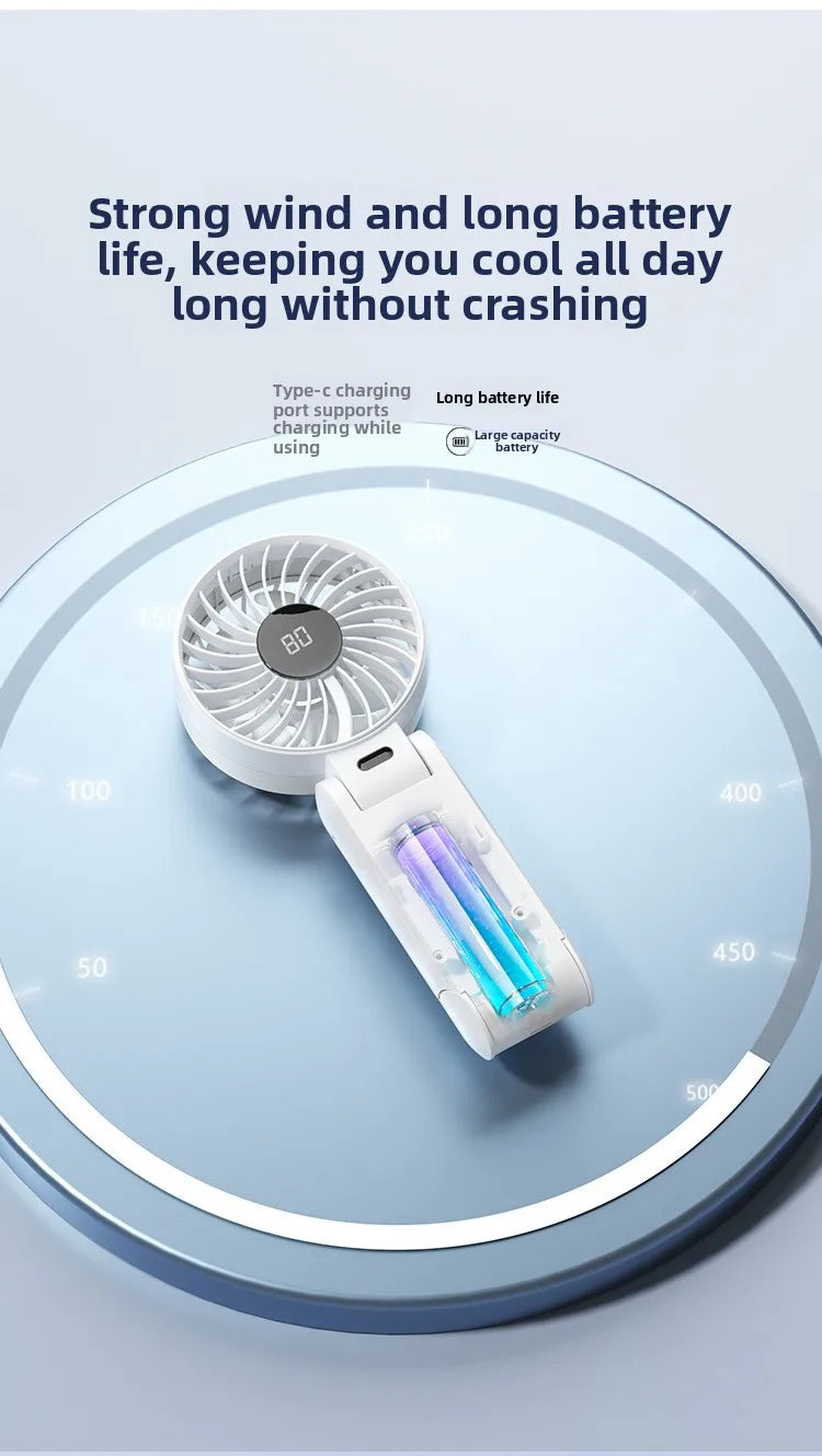 Foldable Handheld Fan with Digital Display, USB Rechargeable, Portable Mini Fan, Strong Airflow for Home and Travel