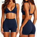 Women's Yoga Set V Neck Push Up Sports Bra High Support Shockproof + High Waist Quick Dry Tummy Control Gym Shorts 2 Piece Set