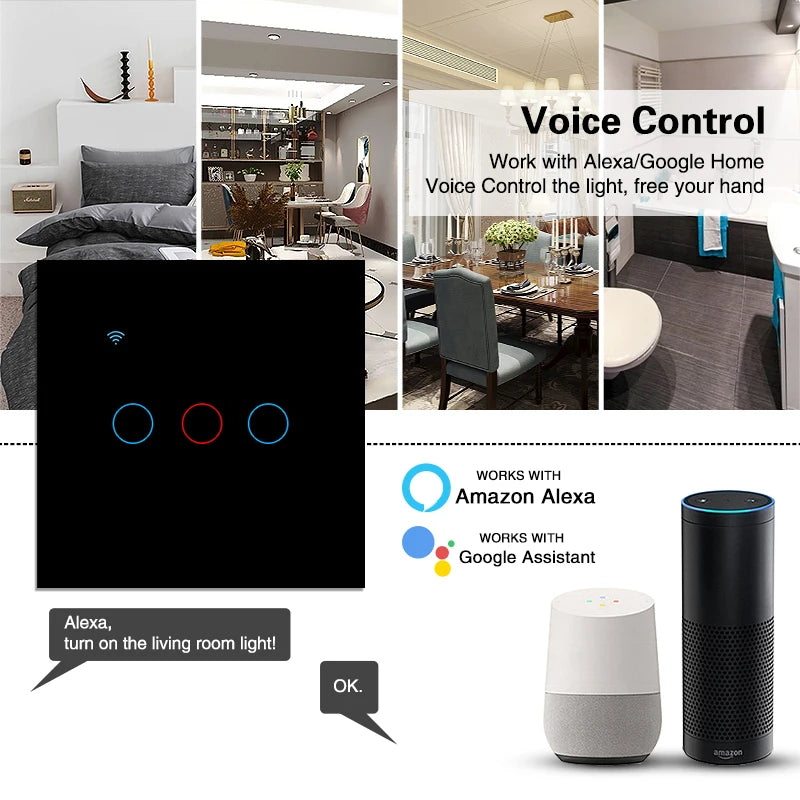 UBARO 86×86mm 1/2/3/4 Gang WiFi Smart Touch Switch, Tuya App/Voice Control, Timer, 2-Way/1-Way, Neutral Required